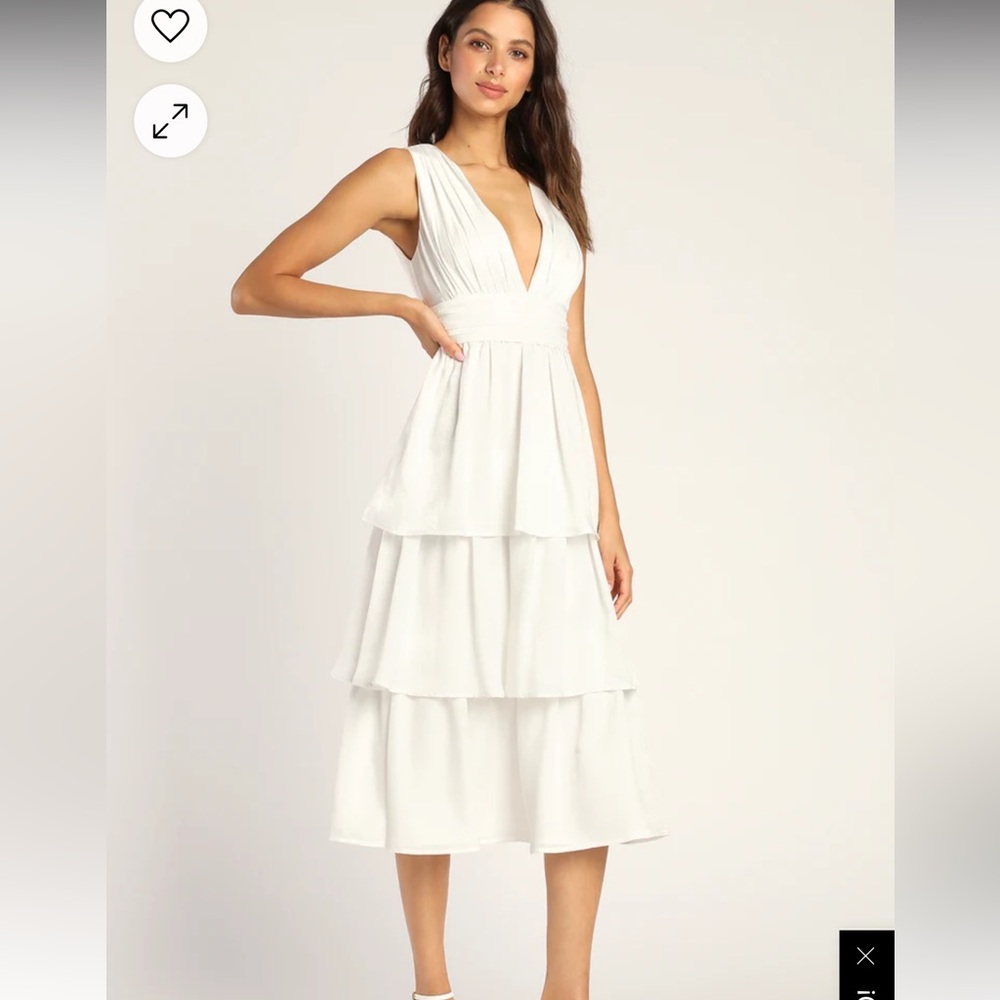 Peak Party Vibe White Satin Tiered Tie-Back Midi Dress
Lulus